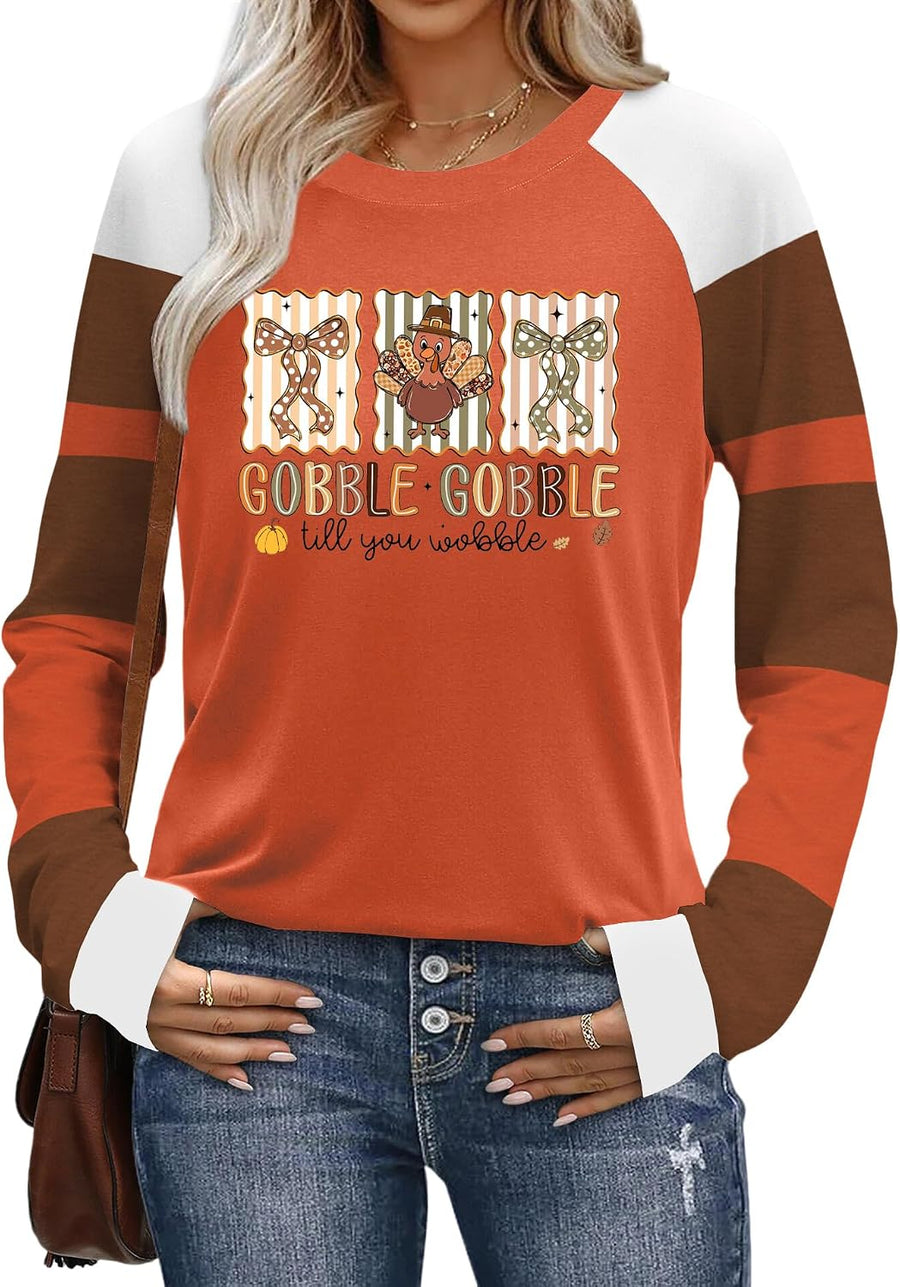 Thanksgiving Shirts for Women Thankful Turkey Graphic Long Sleeve Shirt - Turkey-orange