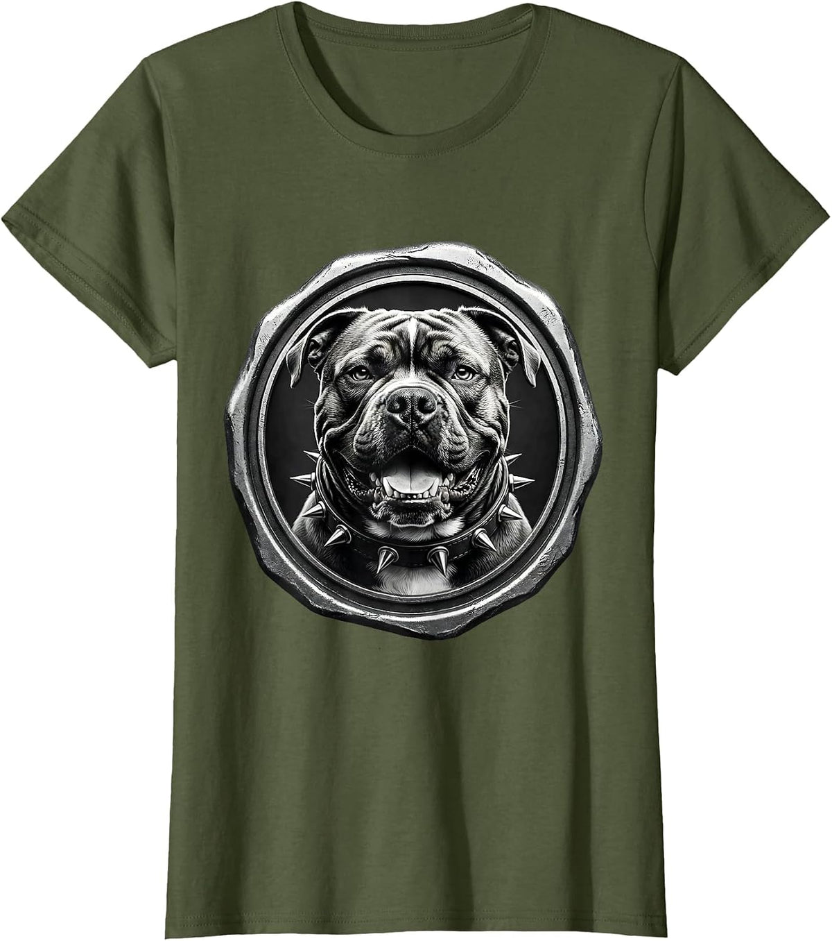 Women's Pit Bull Dog Spiked Collar Graphic T-Shirt - Olive Green