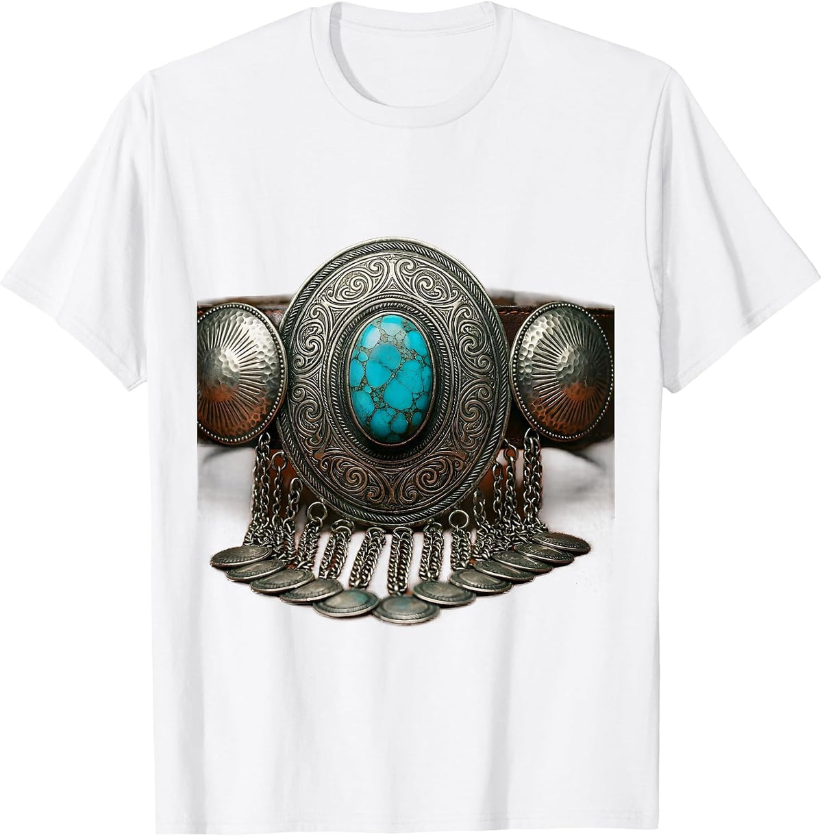 Men's Turquoise Silver Concho Belt Buckle Western Art T-Shirt - White