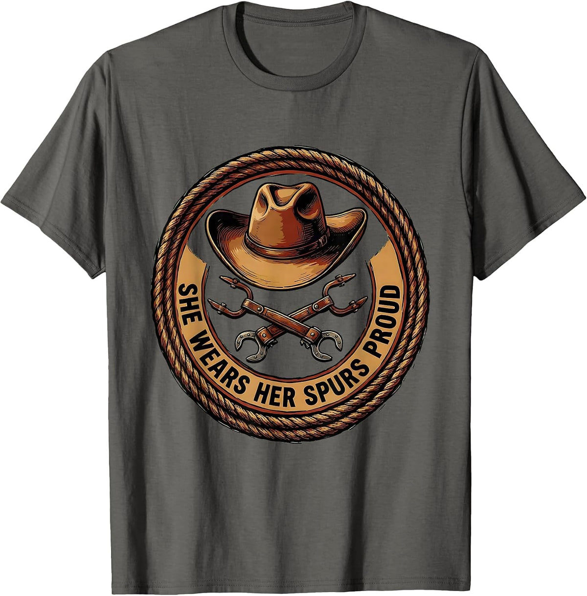 She Wears Her Spurs Proud Cowgirl Design T-Shirt - Asphalt Grey