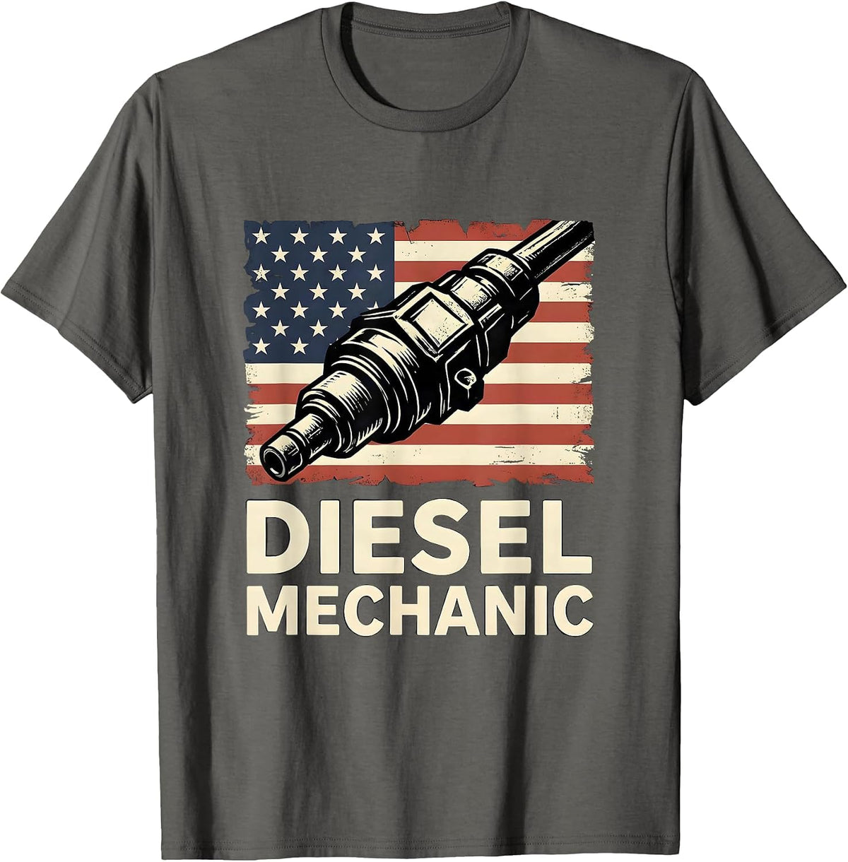 Men's Diesel Mechanic Stencil Graphic Patriotic American Flag T-Shirt - Asphalt Grey