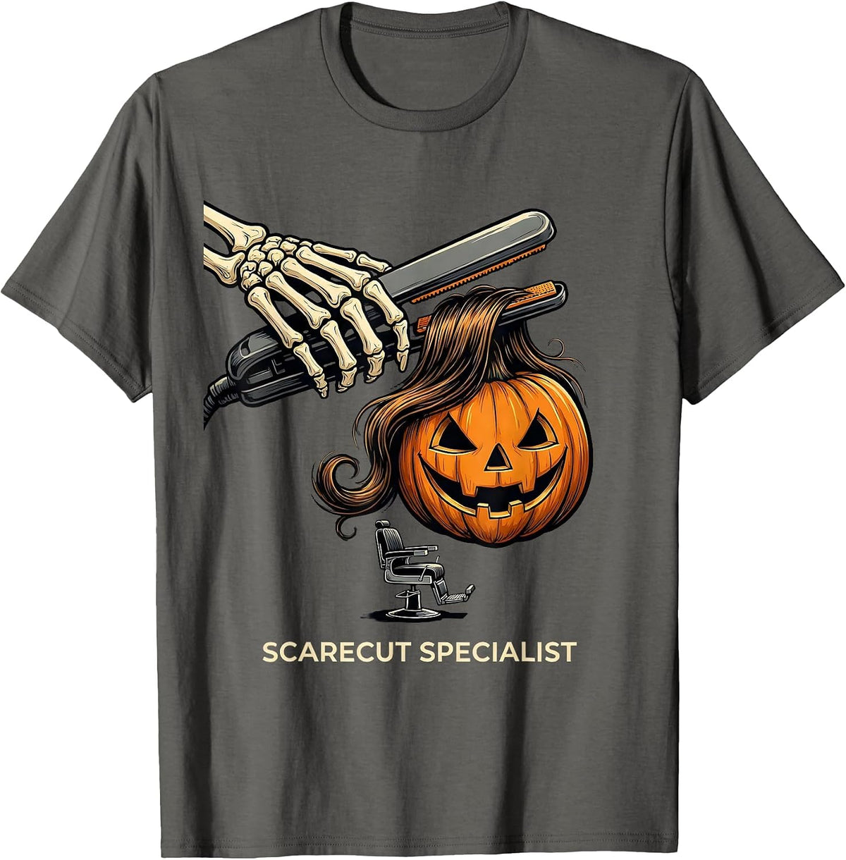Men's Scarecut Specialist Funny Skeleton Hairstylist Halloween T-Shirt - Asphalt Grey