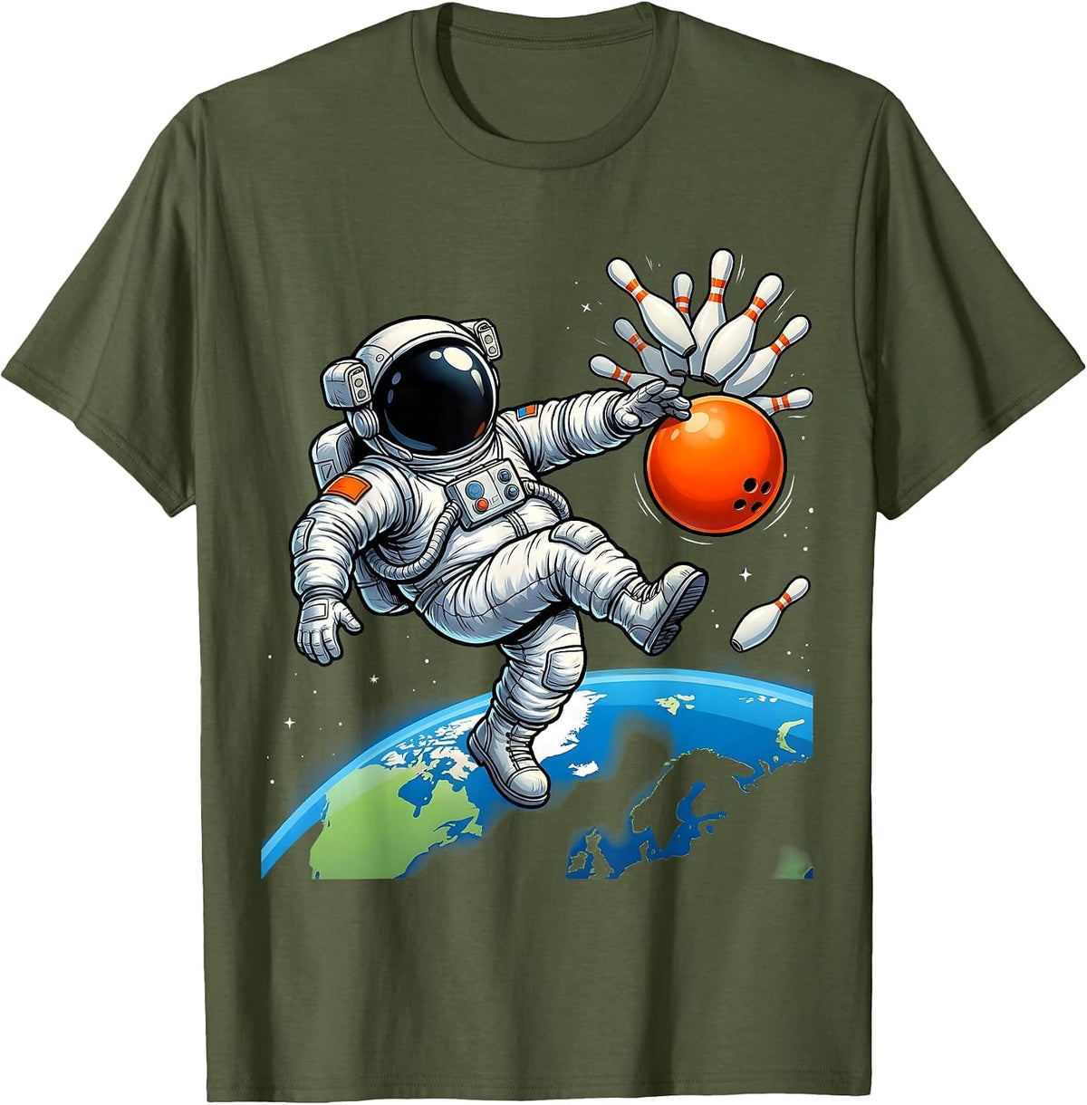 Men's Astronaut Bowling in Zero Gravity Space Design T-Shirt - Olive Green