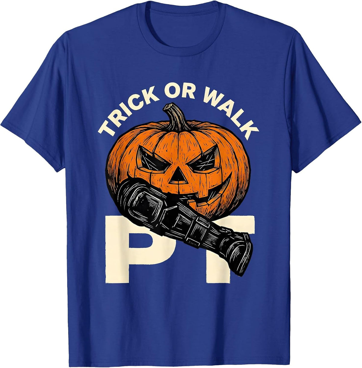 Trick Or Walk PT Linocut Physical Therapy Halloween Trick T-Shirt - Royal Blue