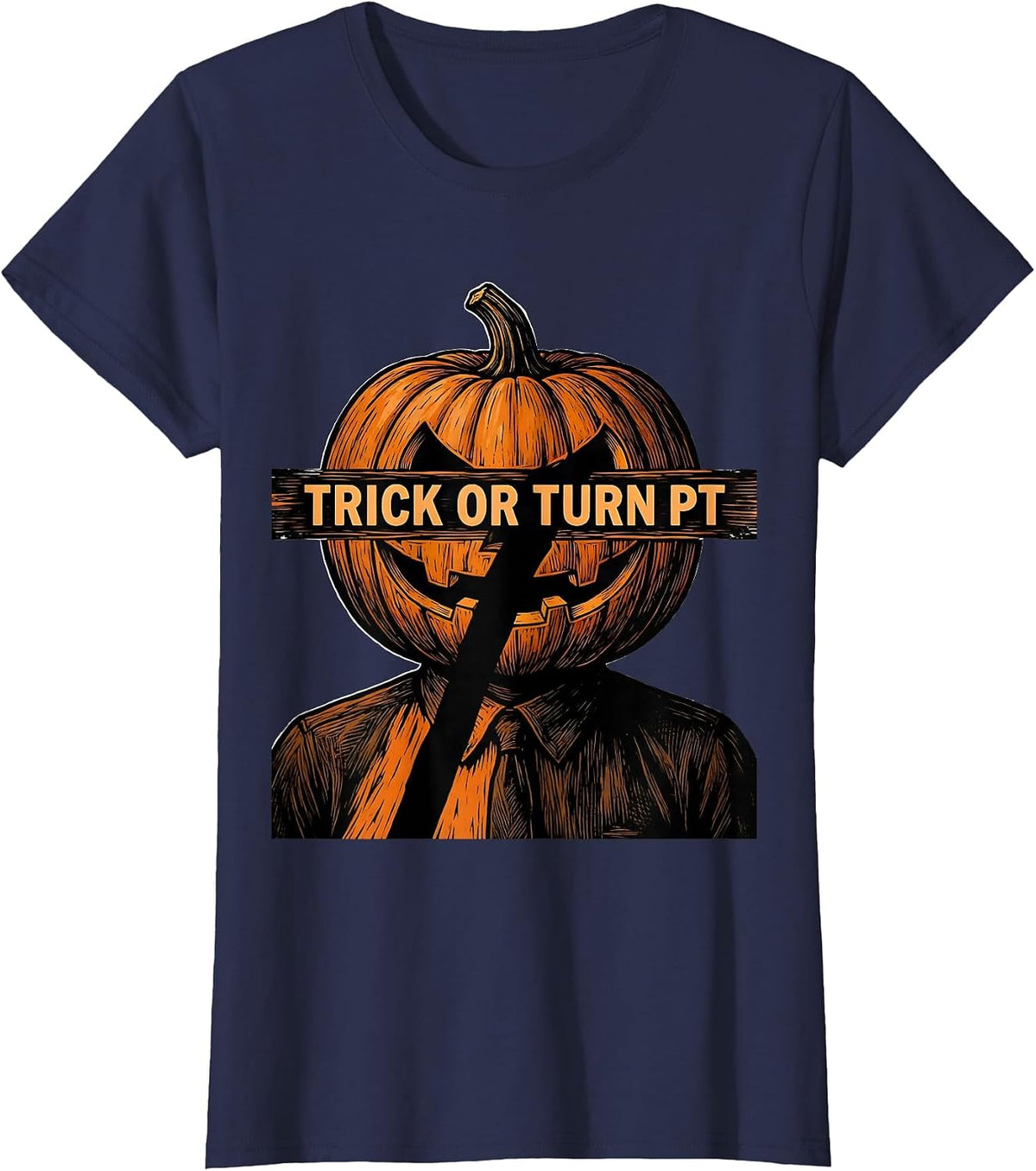 Women's Trick Or Turn PT Linocut Physical Therapy Halloween Humor T-Shirt - Navy Blue