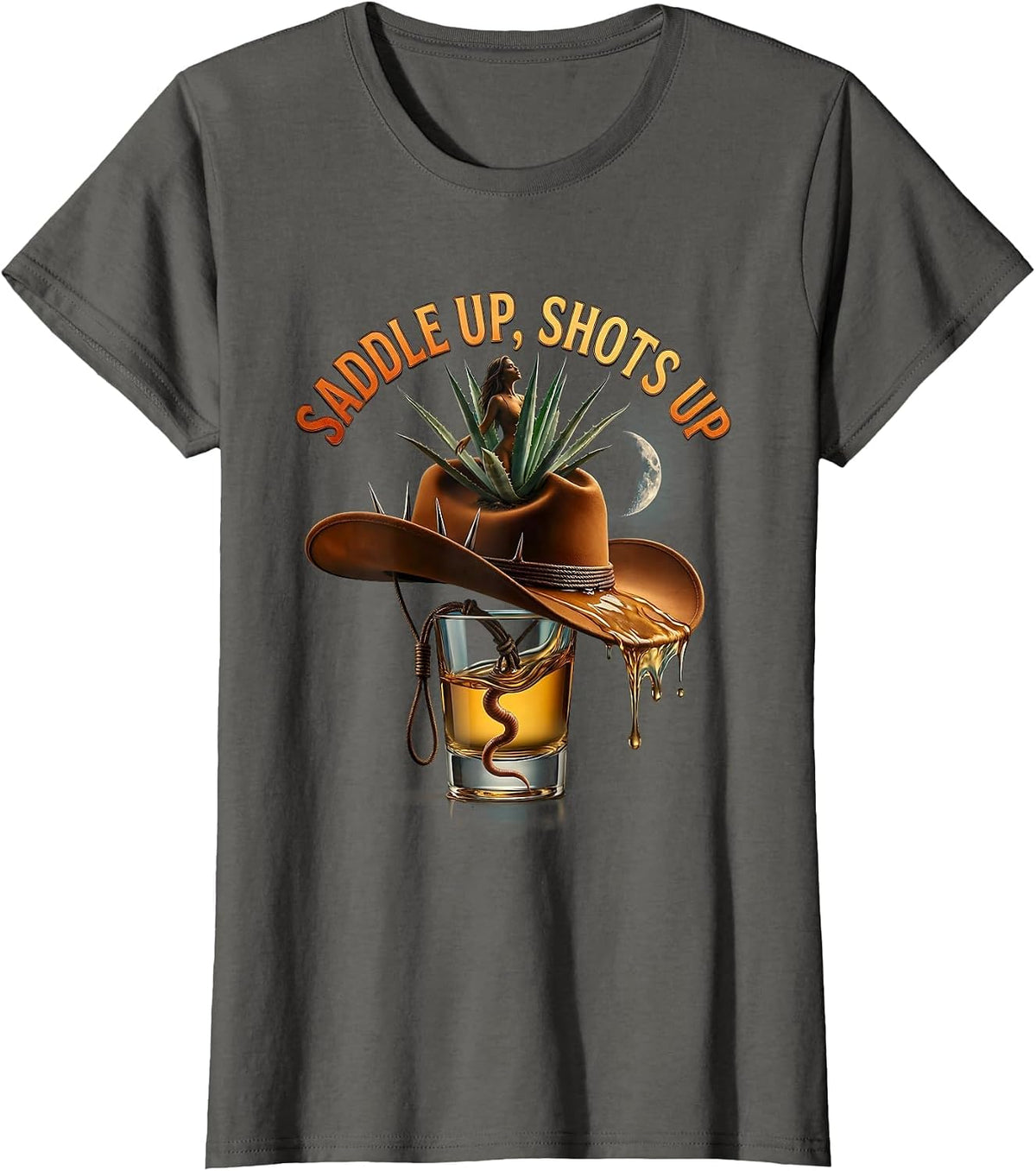 Women's Saddle Up Shots Up Cowboys and Tequila Design T-Shirt - Asphalt Grey