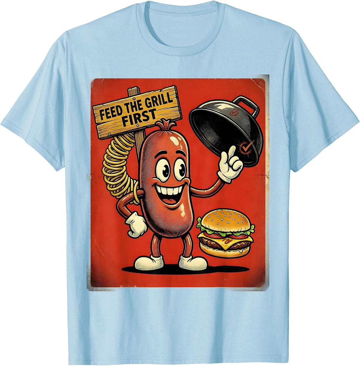 Men's Feed The Grill First Retro Cartoon Funny BBQ Grilling 4th Of T-Shirt - Baby Blue