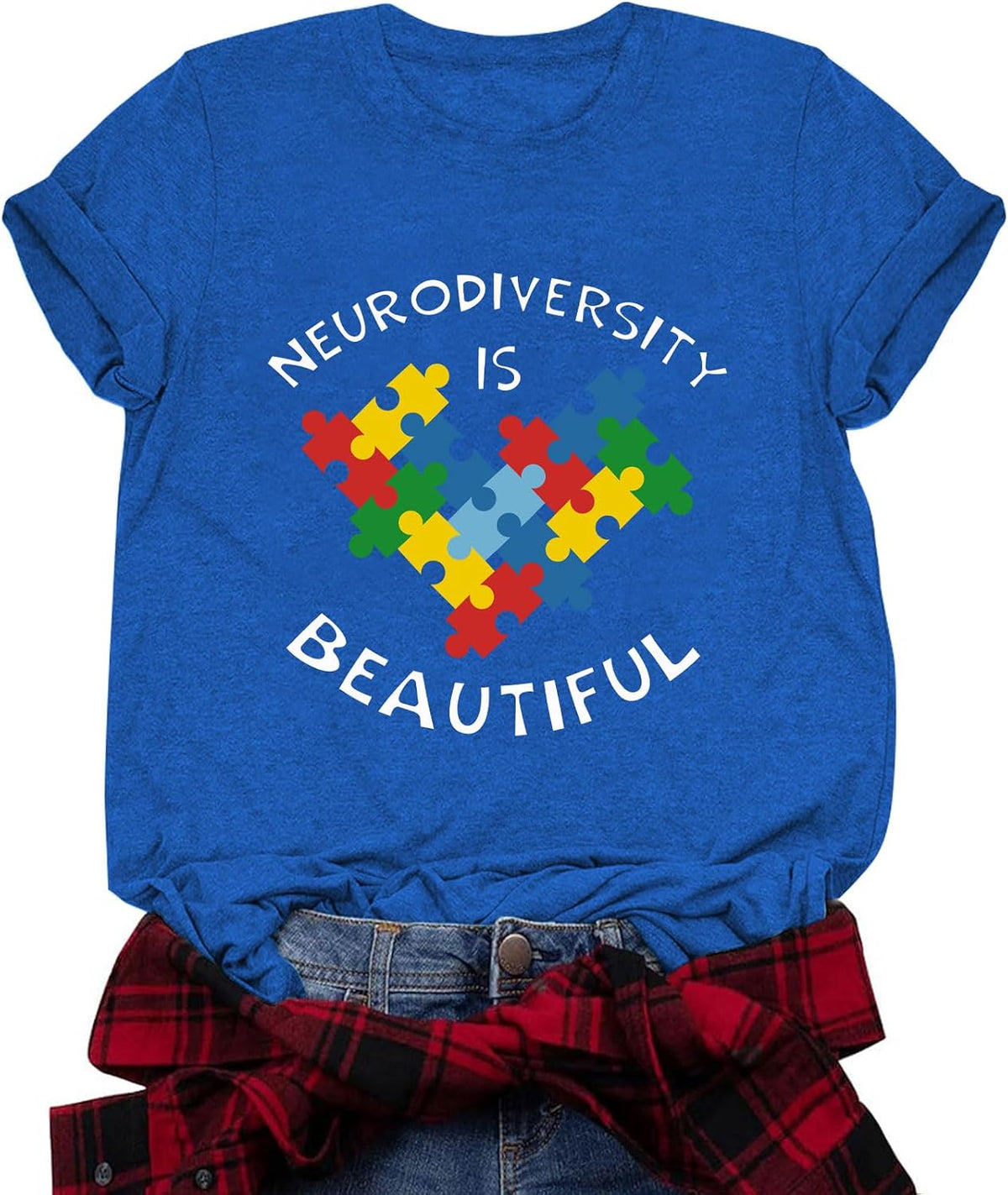 Autism Awareness Shirt Neurodiversity Infinity&Colorful Puzzle Heart, Autism Acceptance Tee for World Autism Day - Blue-5