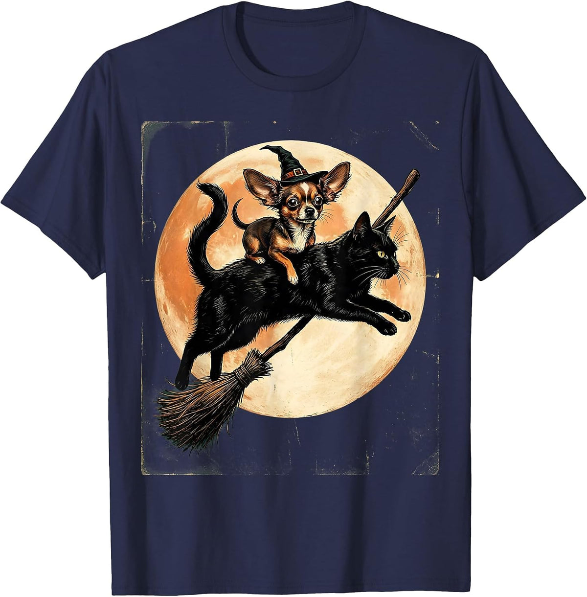 Men's Halloween Chihuahua Riding Giant Black Cat Broom T-Shirt - Navy Blue