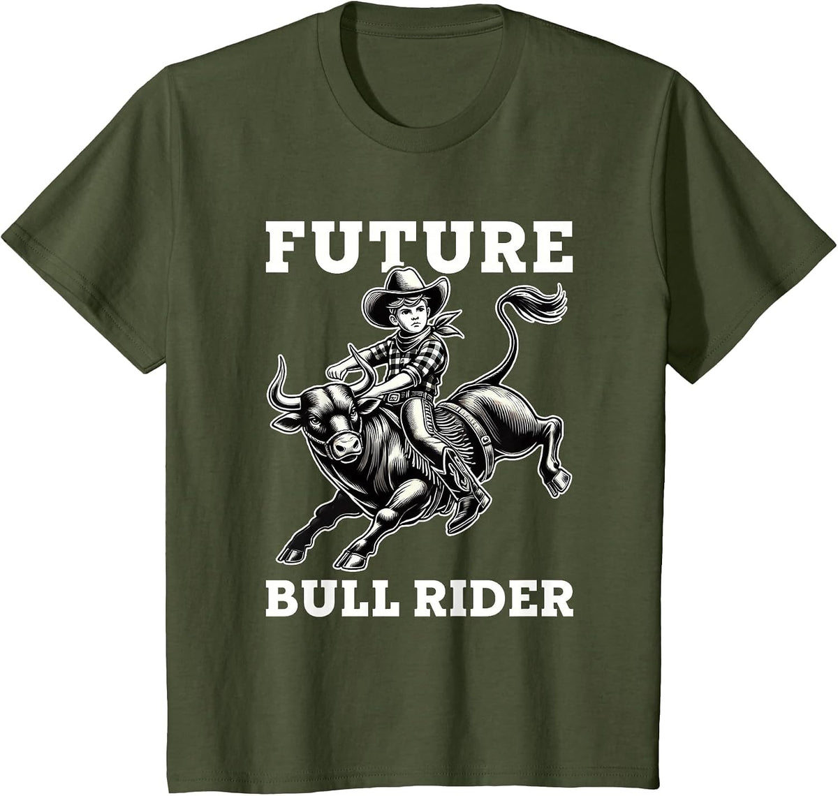 Future Bull Rider Boys Kids Bull Riding Rodeo T-Shirt - Olive Green
