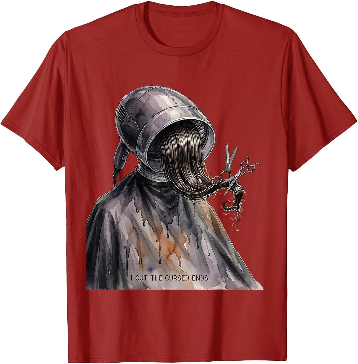 I Cut the Cursed Ends Watercolor Halloween Hairstylist T-Shirt - Cranberry Red