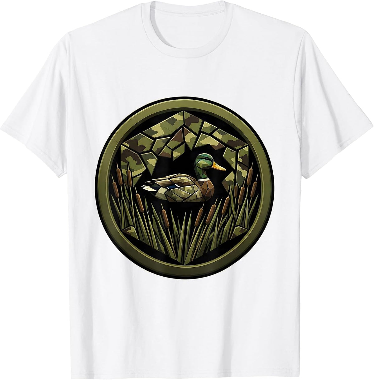 Men's Camo Duck Blind Cattail Marsh Hunting Illustration T-Shirt - White