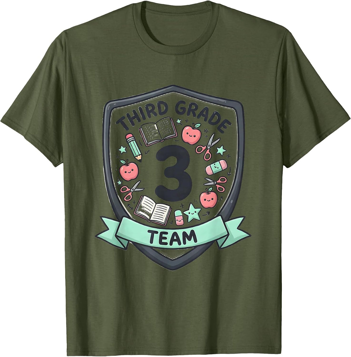 Third Grade Team Kawaii Stationery Doodle Teacher Back T-Shirt - Olive Green