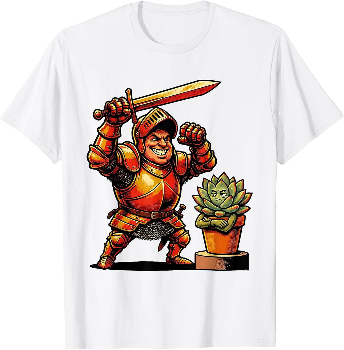 Men's Knight vs. Houseplant Sarcastic Humor Graphic T-Shirt - White