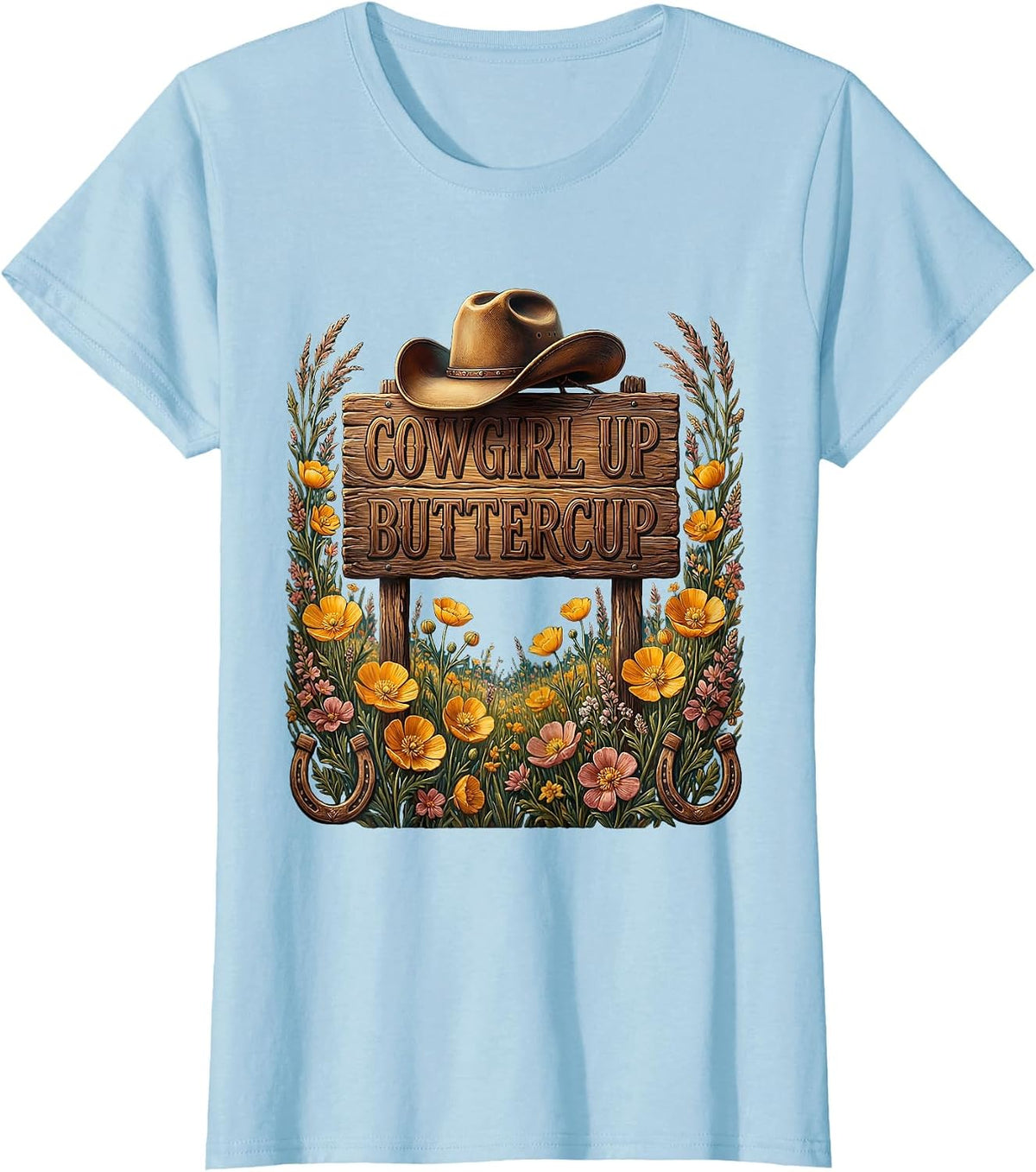 Women's Cowgirl Up Buttercup Western Design T-Shirt - Baby Blue