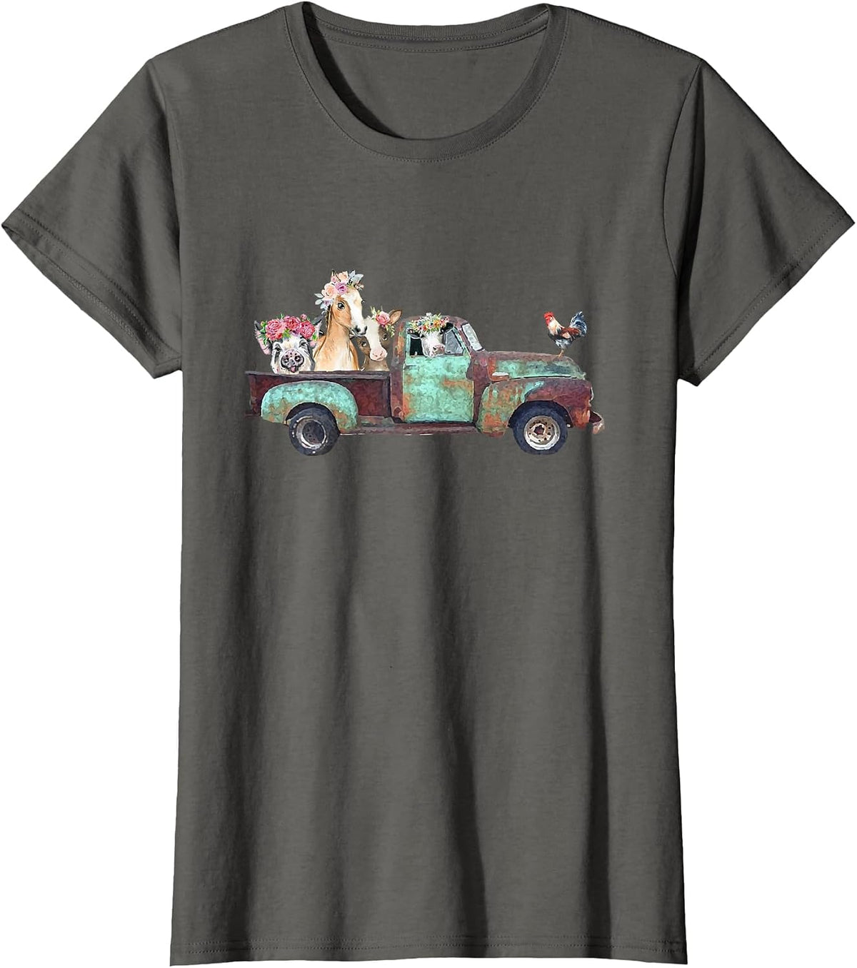 Farm Pickup Truck with Farm Animals Farming T-Shirt - Asphalt Grey