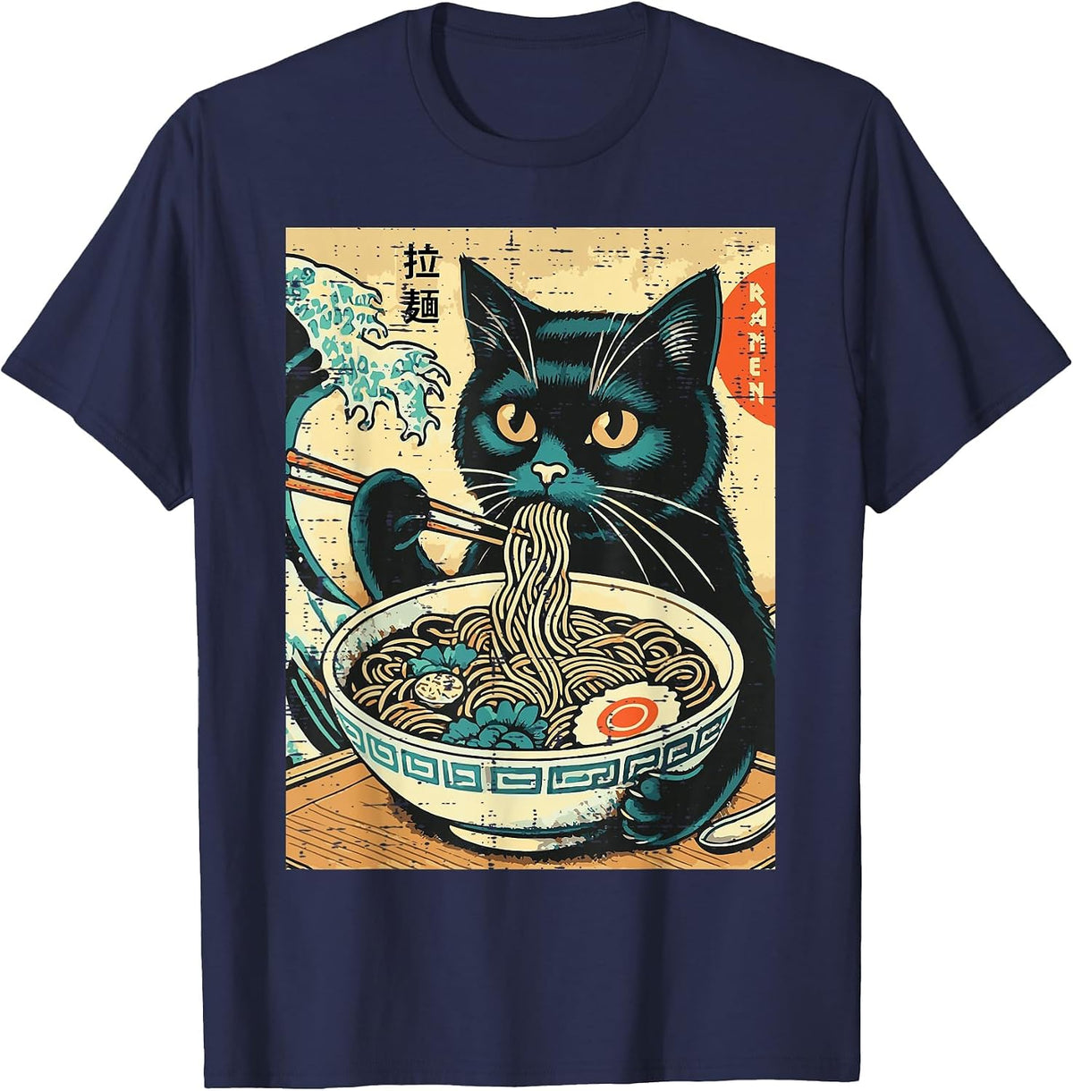 Japanese Cat Ramen Great Wave Vintage Art Food Men Women Kid T-Shirt - Navy Blue