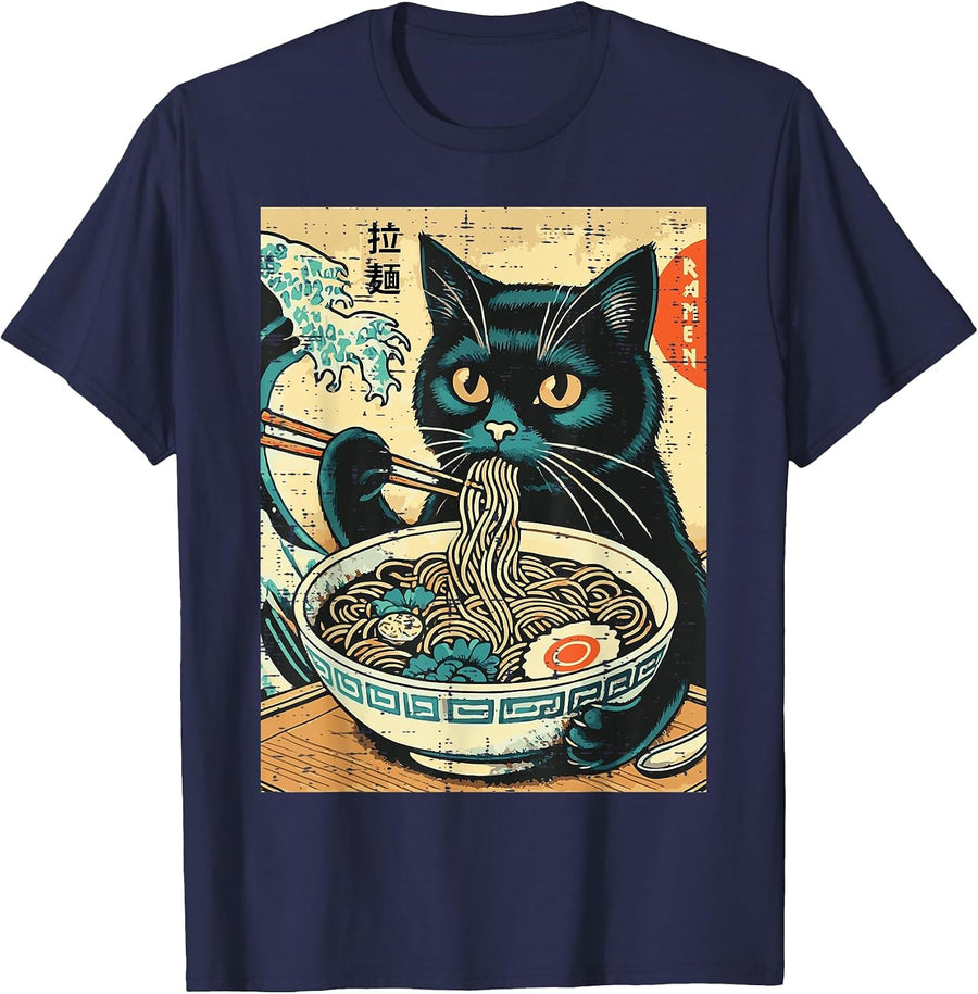 Japanese Cat Ramen Great Wave Vintage Art Food Men Women Kid T-Shirt - Navy Blue