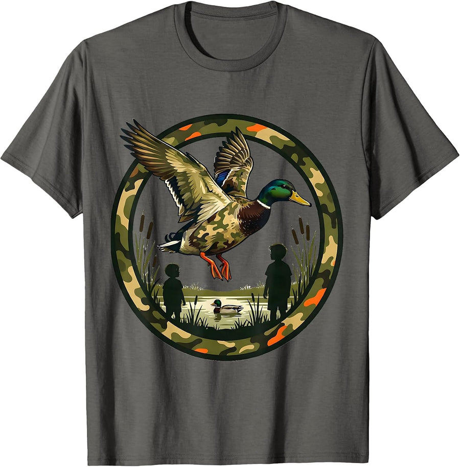 Camouflage Duck Hunter Badge Screenprint Humor T-Shirt - Asphalt Grey