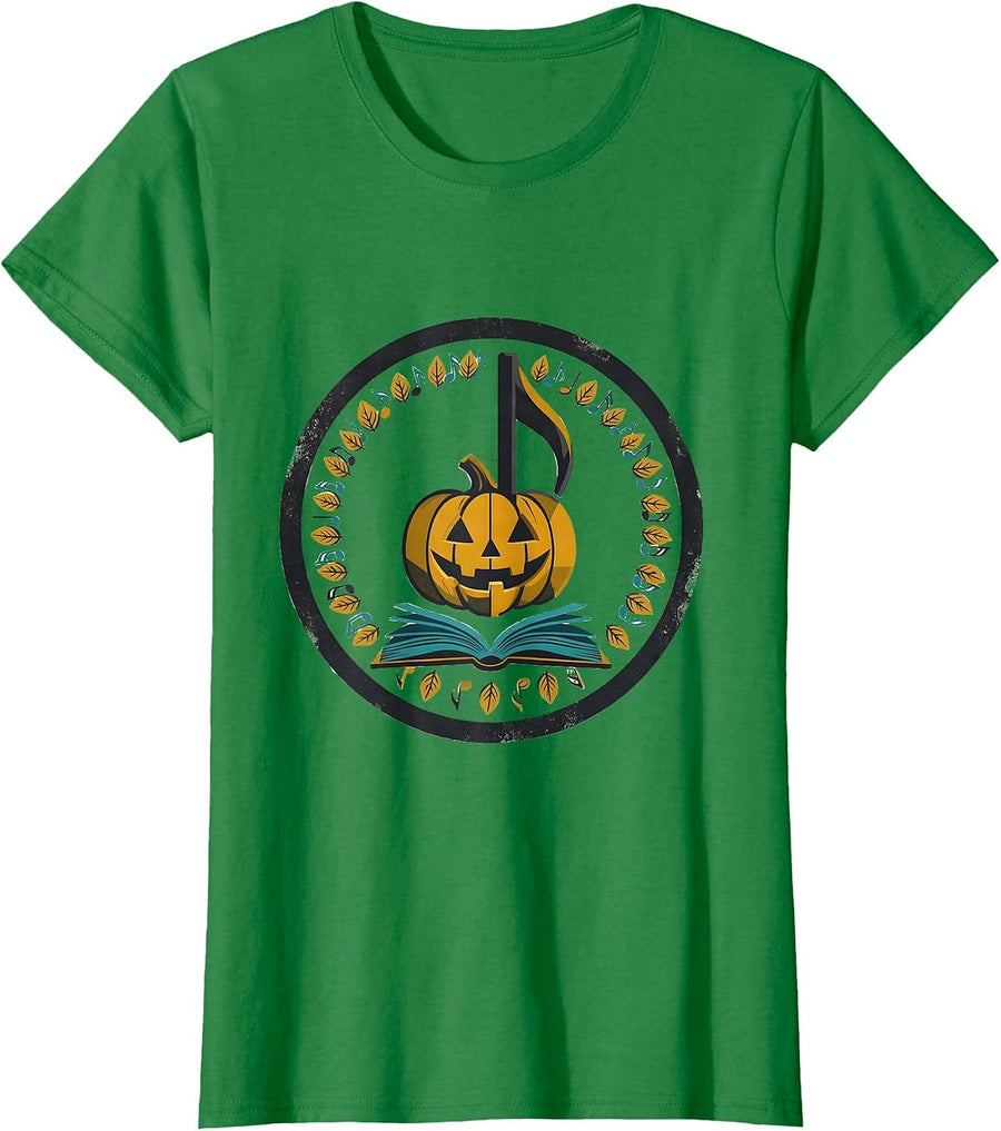 Women's Pumpkin Music Note Teacher Retro Fall Classroom Wear T-Shirt - Kelly Green