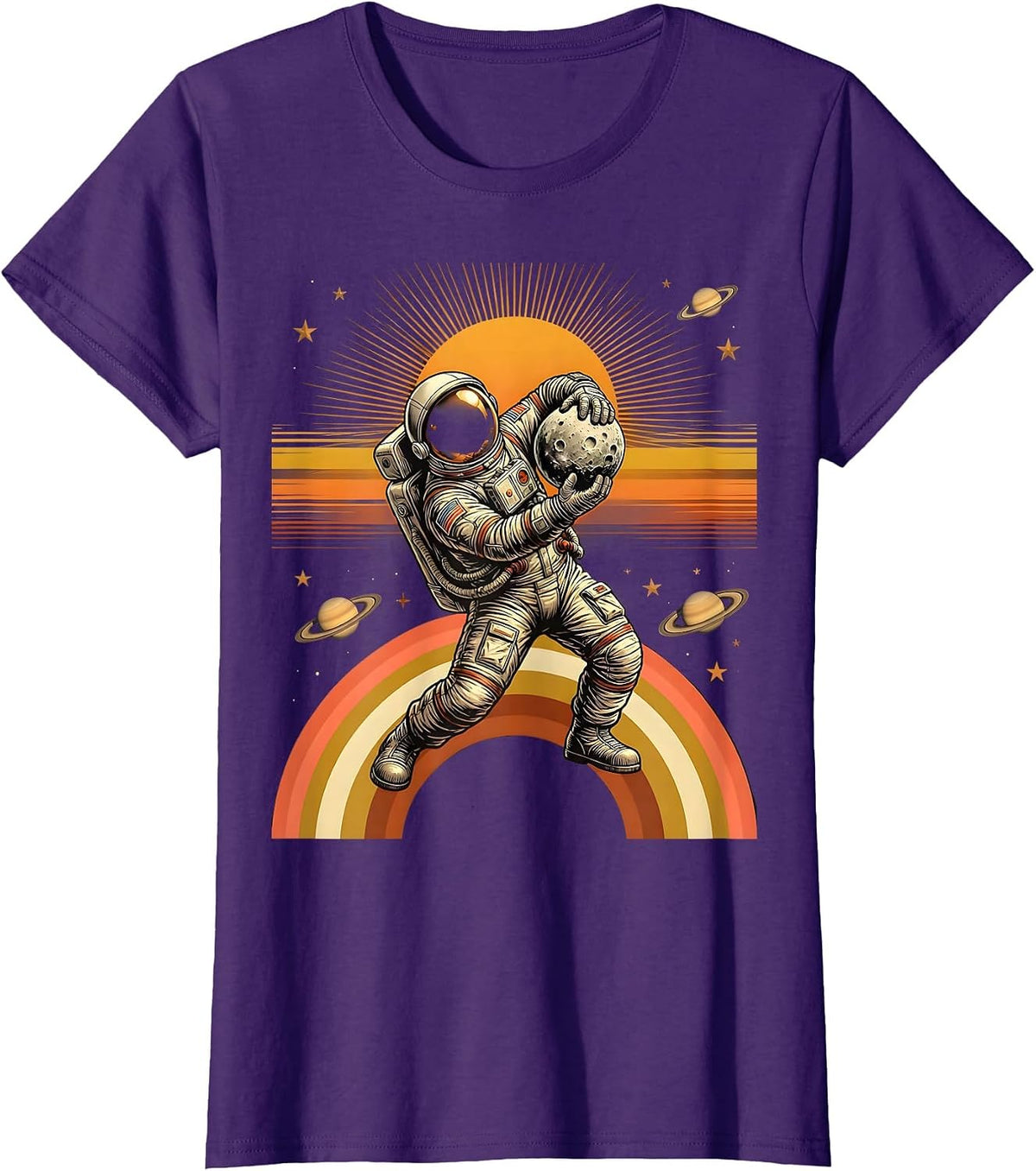Women's Astronaut Bowling the Moon Yeet Space Art T-Shirt - Purple