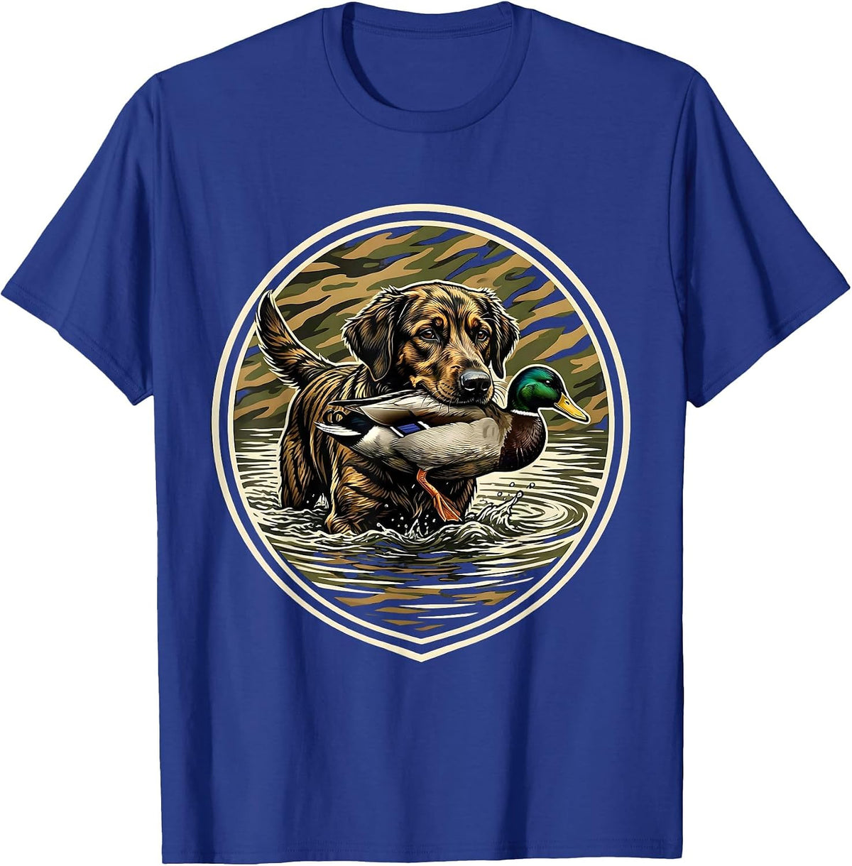 Men's Camo Duck Hunting Dog Retrieve Illustration T-Shirt - Royal Blue