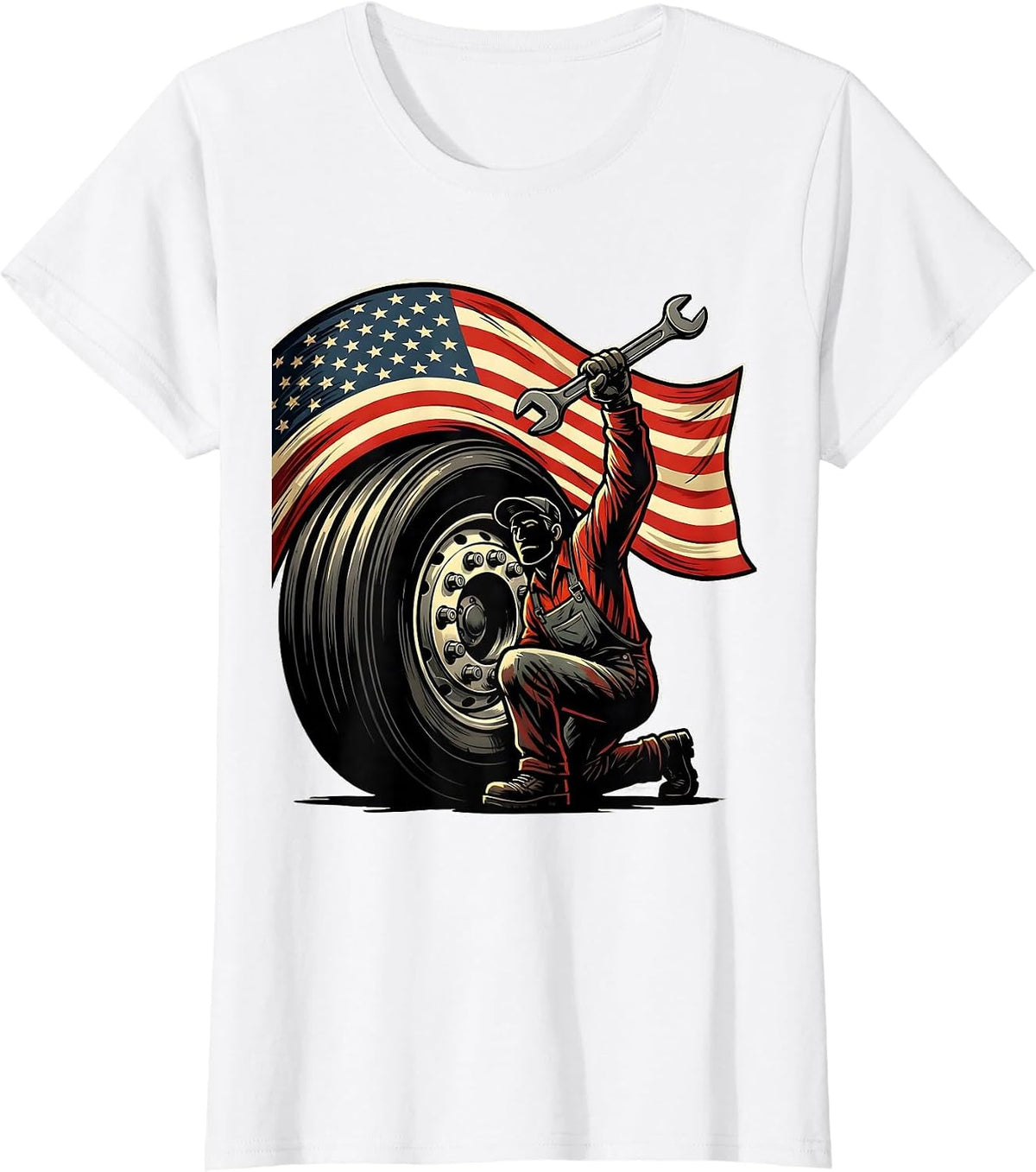 Diesel Mechanic American Flag Patriotic Trucker Gift T-Shirt - White