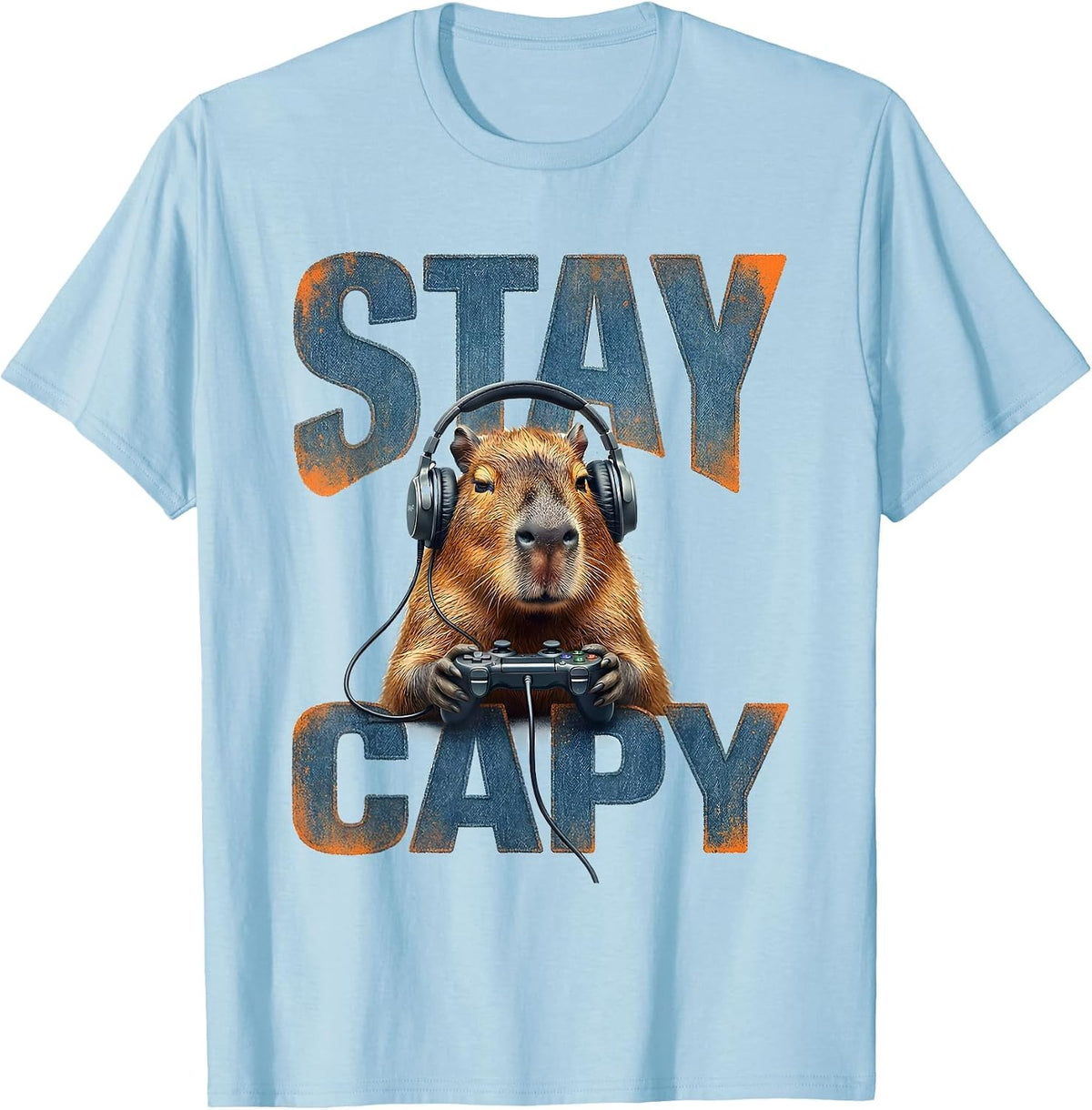 Men's Stay Capy Bold Grunge Capybara Gamer Meme Humor T-Shirt - Baby Blue