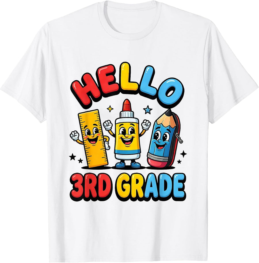 Men's Hello, 3rd Grade Cute School Supplies Teacher Student First T-Shirt - White
