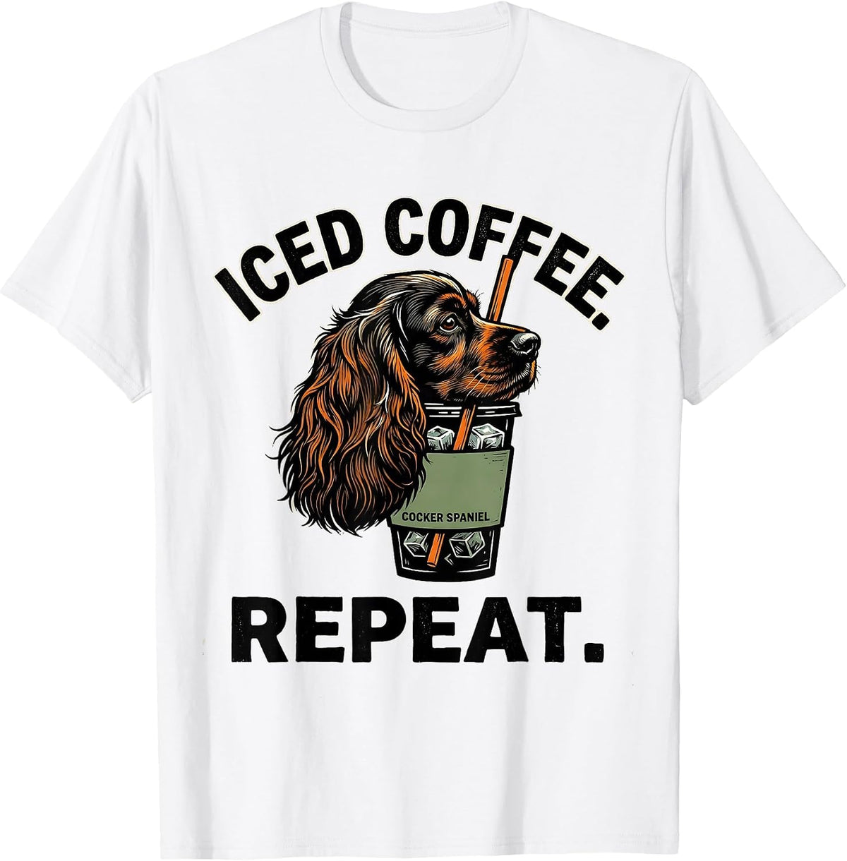 Men's Iced Coffee Cocker Spaniel Repeat Funny Dog Lover Linocut T-Shirt - White