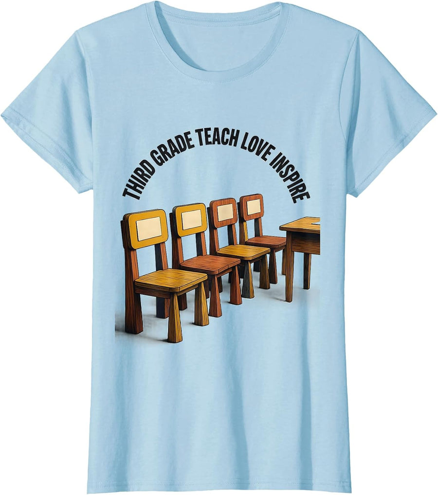 Women's Third Grade Teach Love Inspire Midcentury Modern Teacher T-Shirt - Baby Blue
