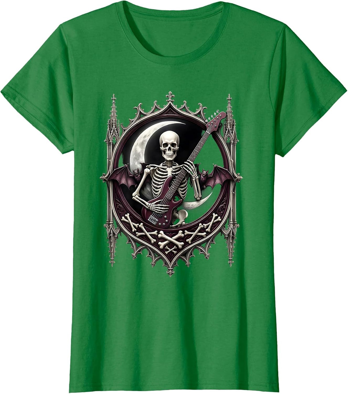 Women's Skeleton Bassist Crescent Moon 80s Rock Graphic T-Shirt - Kelly Green