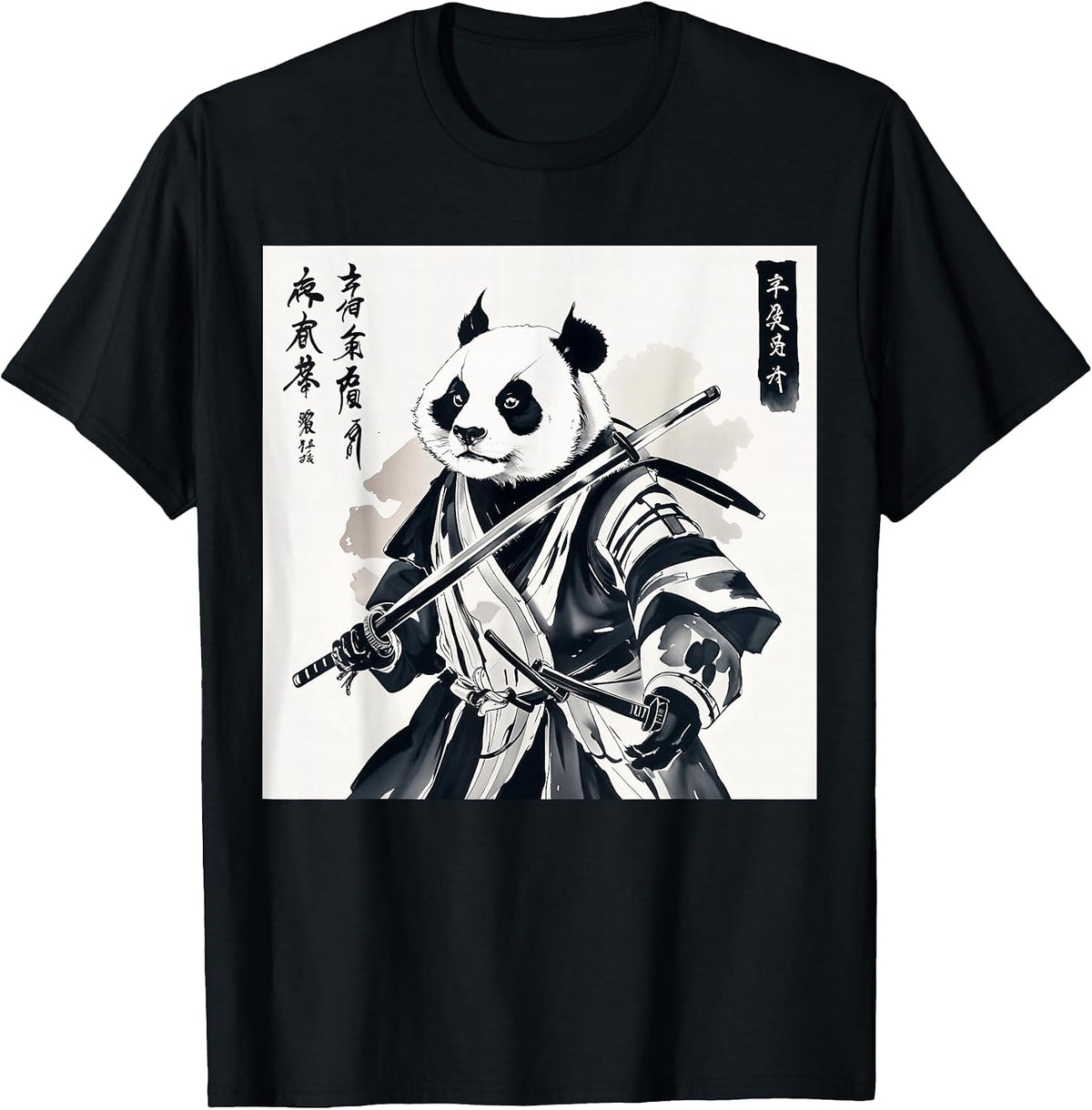 Samurai Panda Graphic Warrior Art tee Japanese Anime Ukiyo-e T-Shirt - Black