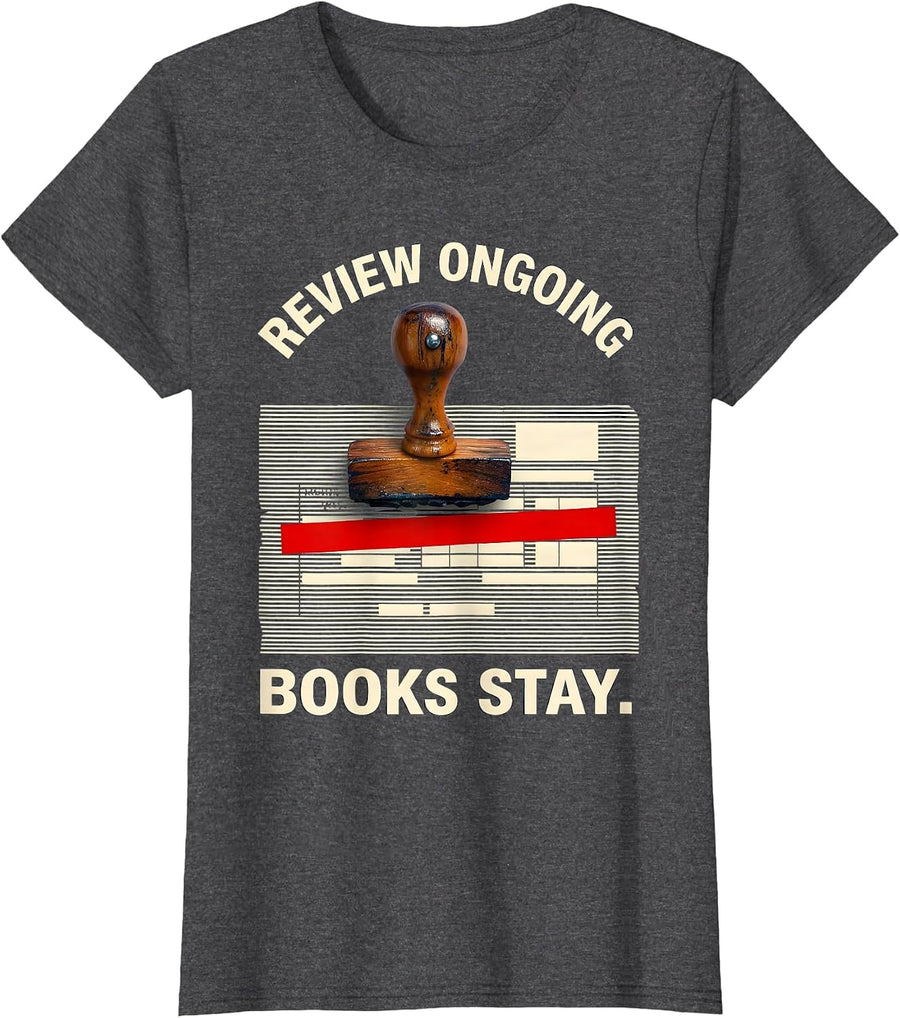Women's Review Ongoing Books Stay Defiant Librarian Anti Censorship T-Shirt - Dark Heather Grey