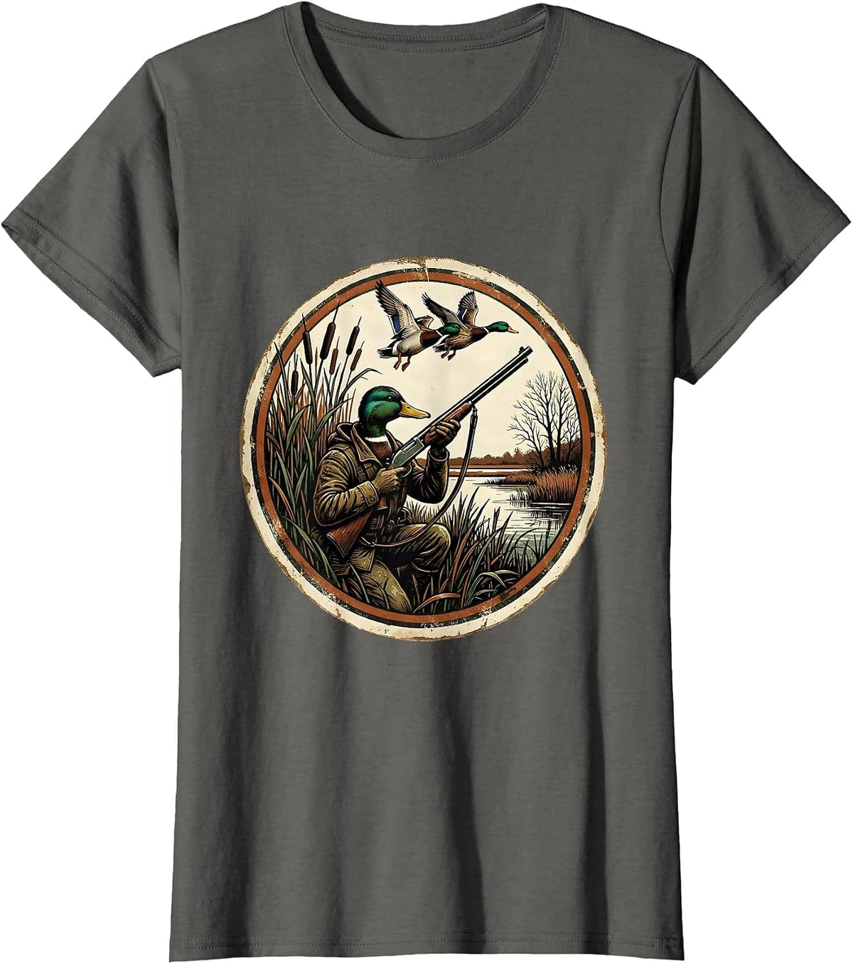 Women's Duck Hunter in Blind Shotgun Raised Hunting Art T-Shirt - Asphalt Grey