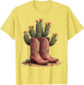 Men's Pink Cowgirl Boots and Cactus Western Graphic T-Shirt - Lemon Yellow