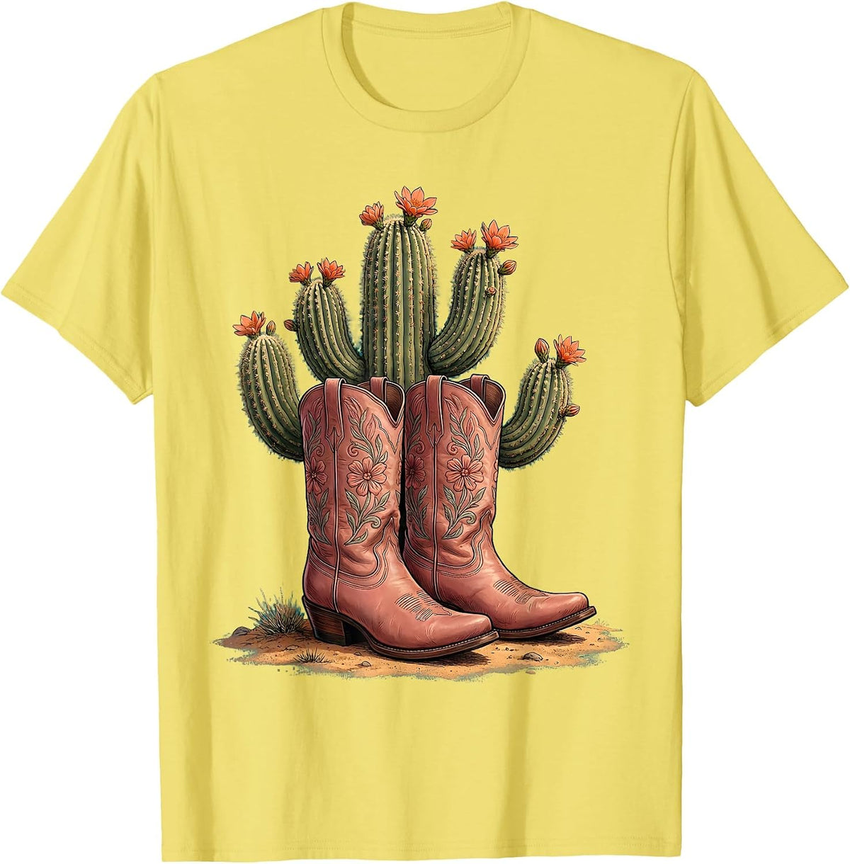 Men's Pink Cowgirl Boots and Cactus Western Graphic T-Shirt - Lemon Yellow