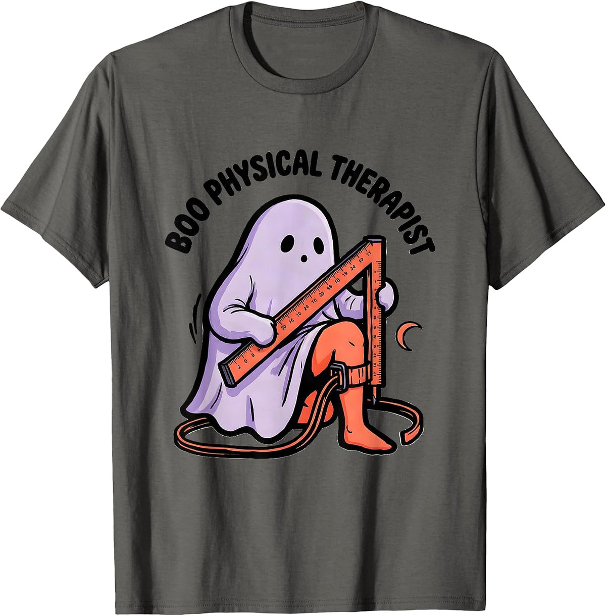 Boo Physical Therapist Cute Ghost Humor Halloween Occupation T-Shirt - Asphalt Grey