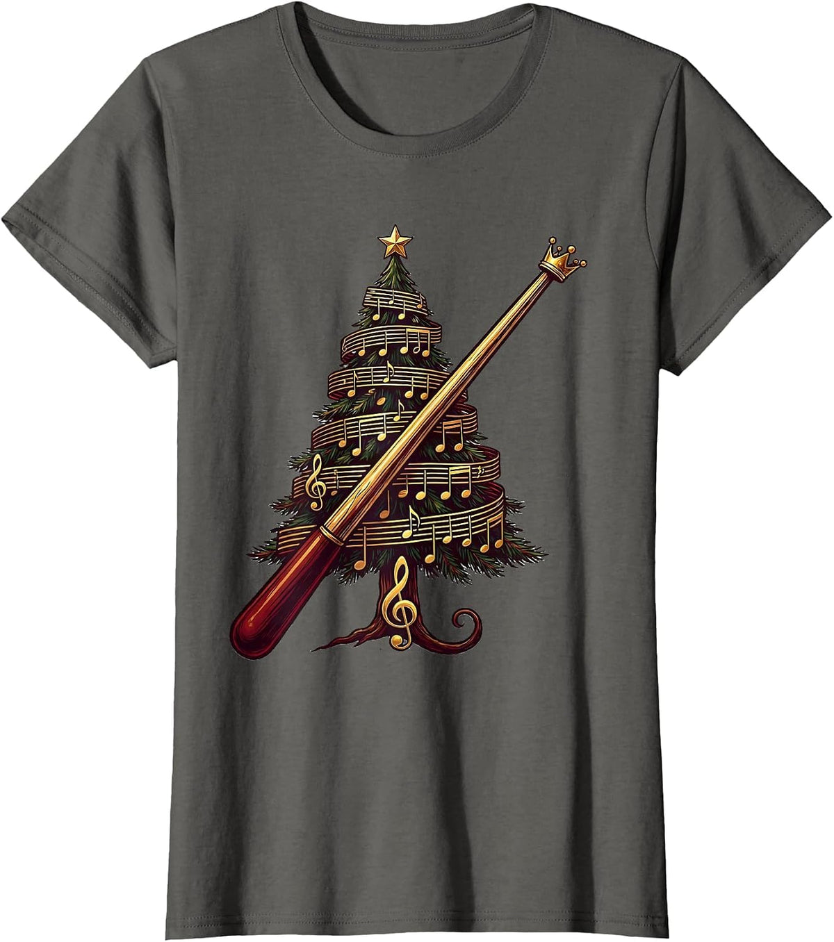 Women's Christmas Tree Treble Clef Music Teacher Festive Holiday T-Shirt - Asphalt Grey