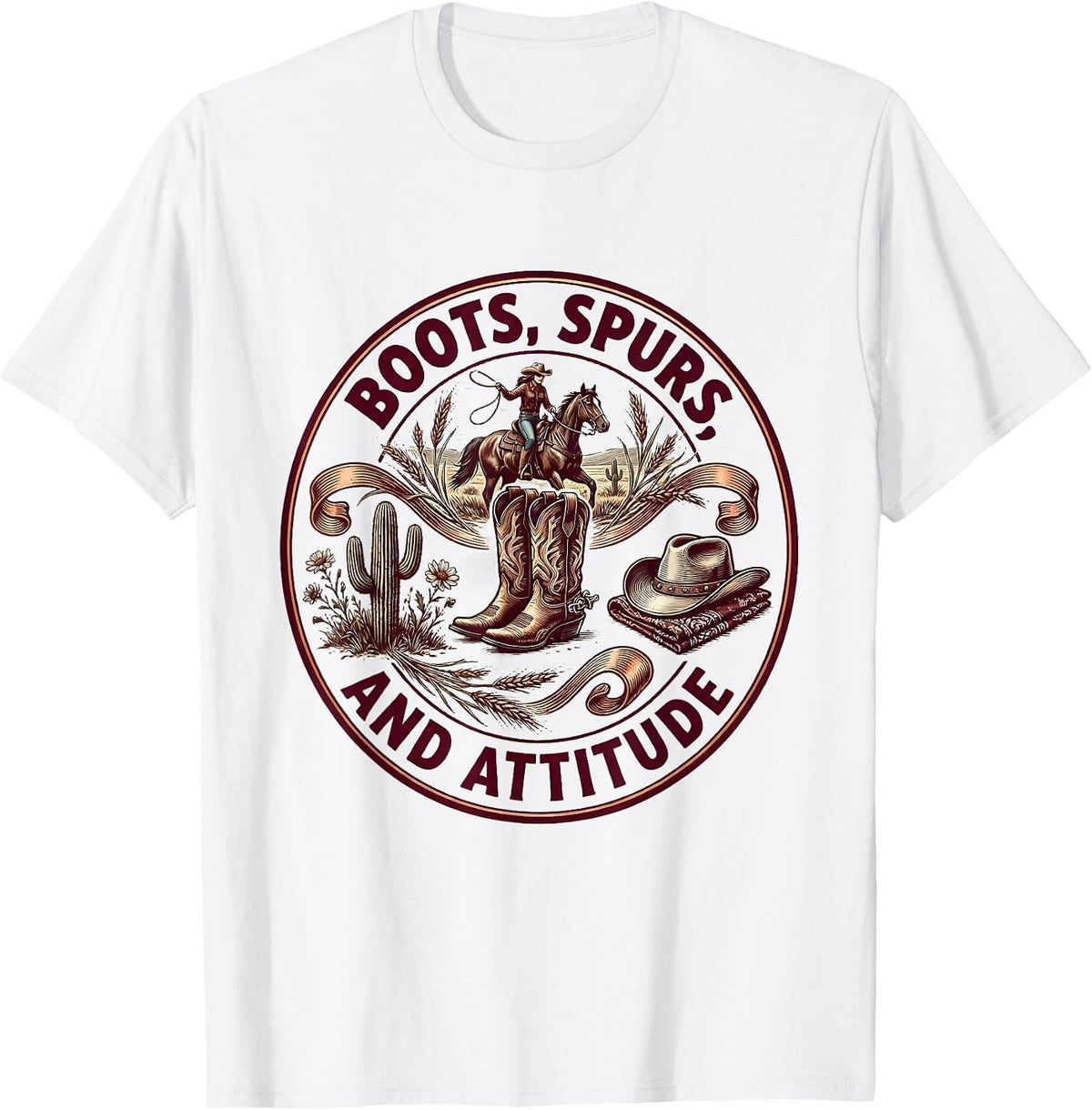 Men's Boots Spurs and Attitude Cowgirl Design T-Shirt - White