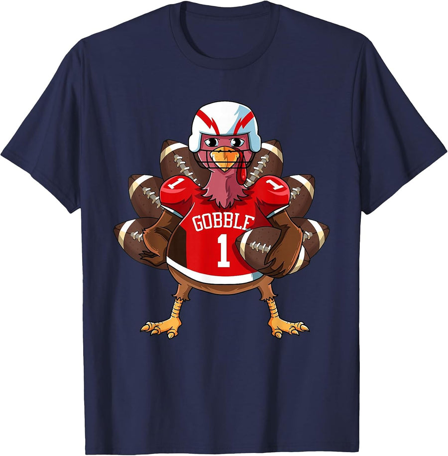 Funny Thanksgiving Football Game Turkey Player Sporty Gobble T-Shirt - Navy Blue
