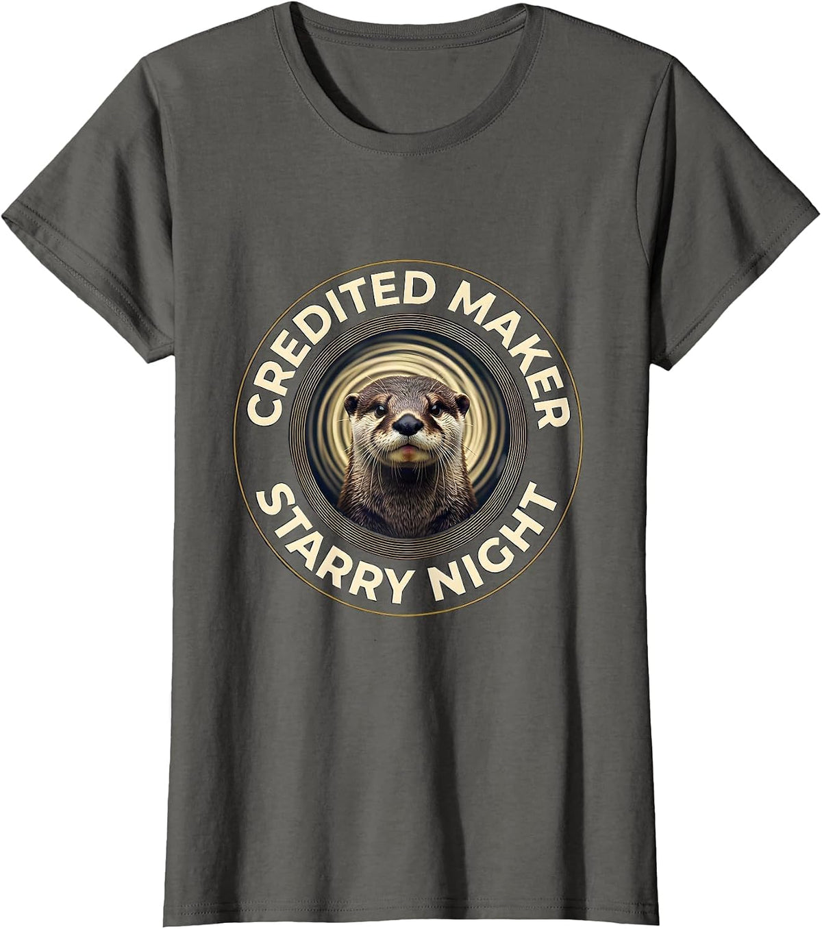 Women's Credited Maker Starry Night Whimsical Otter Art Lover Humor T-Shirt - Asphalt Grey