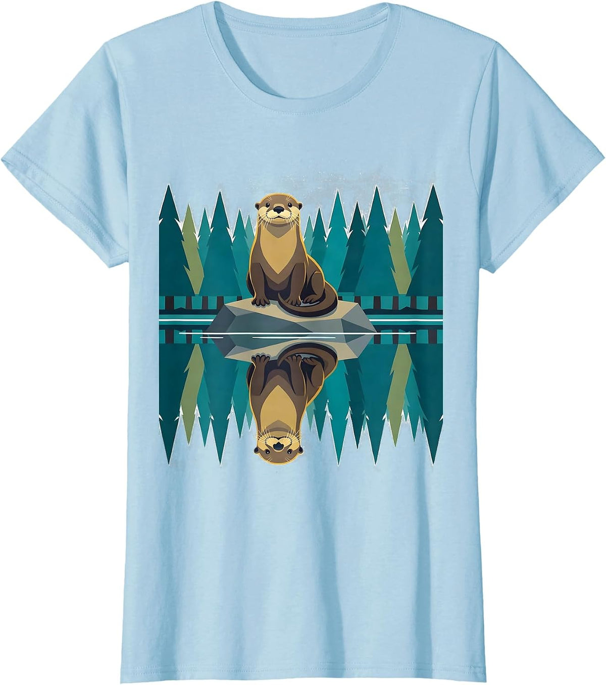 Women's Otter Lake Reflection Forest Nature Wildlife T-Shirt - Baby Blue