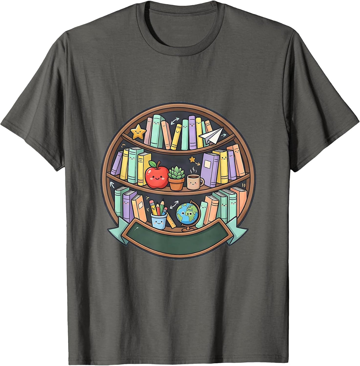 Teacher Bookshelf Floor to Ceiling Library Design T-Shirt - Asphalt Grey