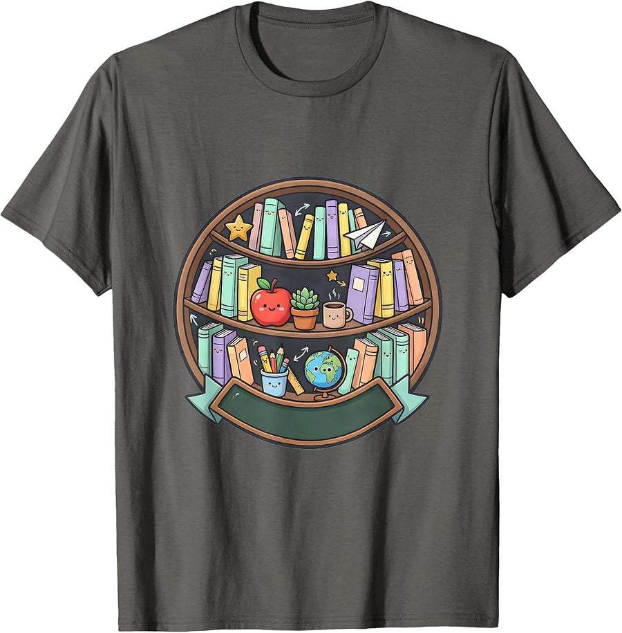 Teacher Bookshelf Floor to Ceiling Library Design T-Shirt - Asphalt Grey