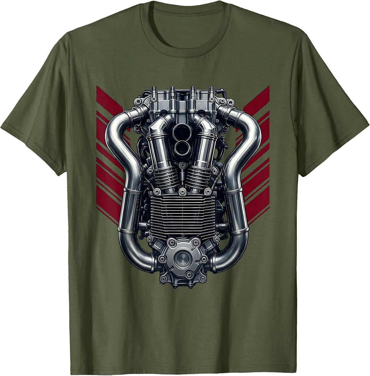 Men's Chrome Dirt Bike Engine Close-Up Graphic T-Shirt - Olive Green