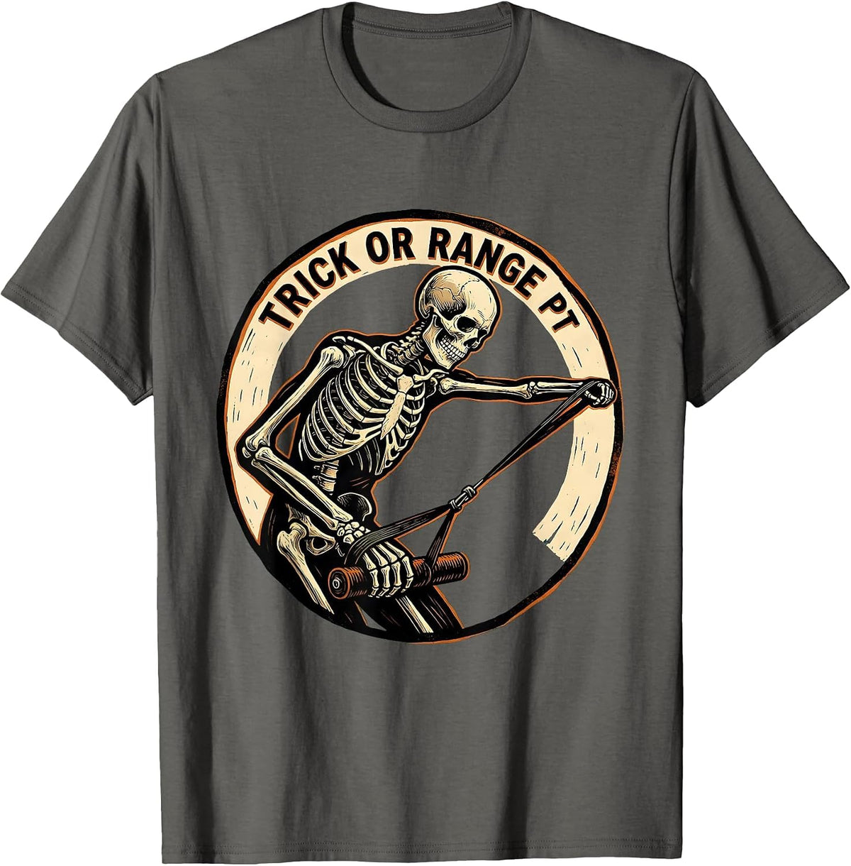 Men's Trick Or Range PT Linocut Halloween Physical Therapy T-Shirt - Asphalt Grey