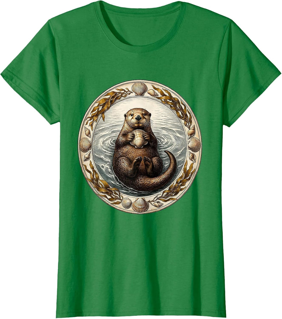 Women's Sea Otter Floating With Clam Illustration T-Shirt - Kelly Green