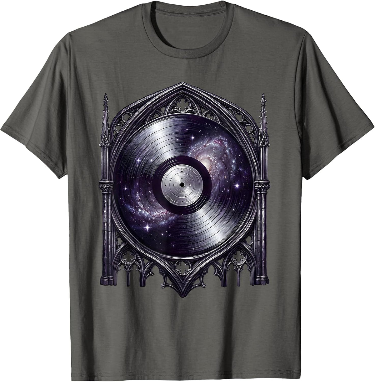Men's Vinyl Record Spinning Galaxy Cosmic Music Art T-Shirt - Asphalt Grey