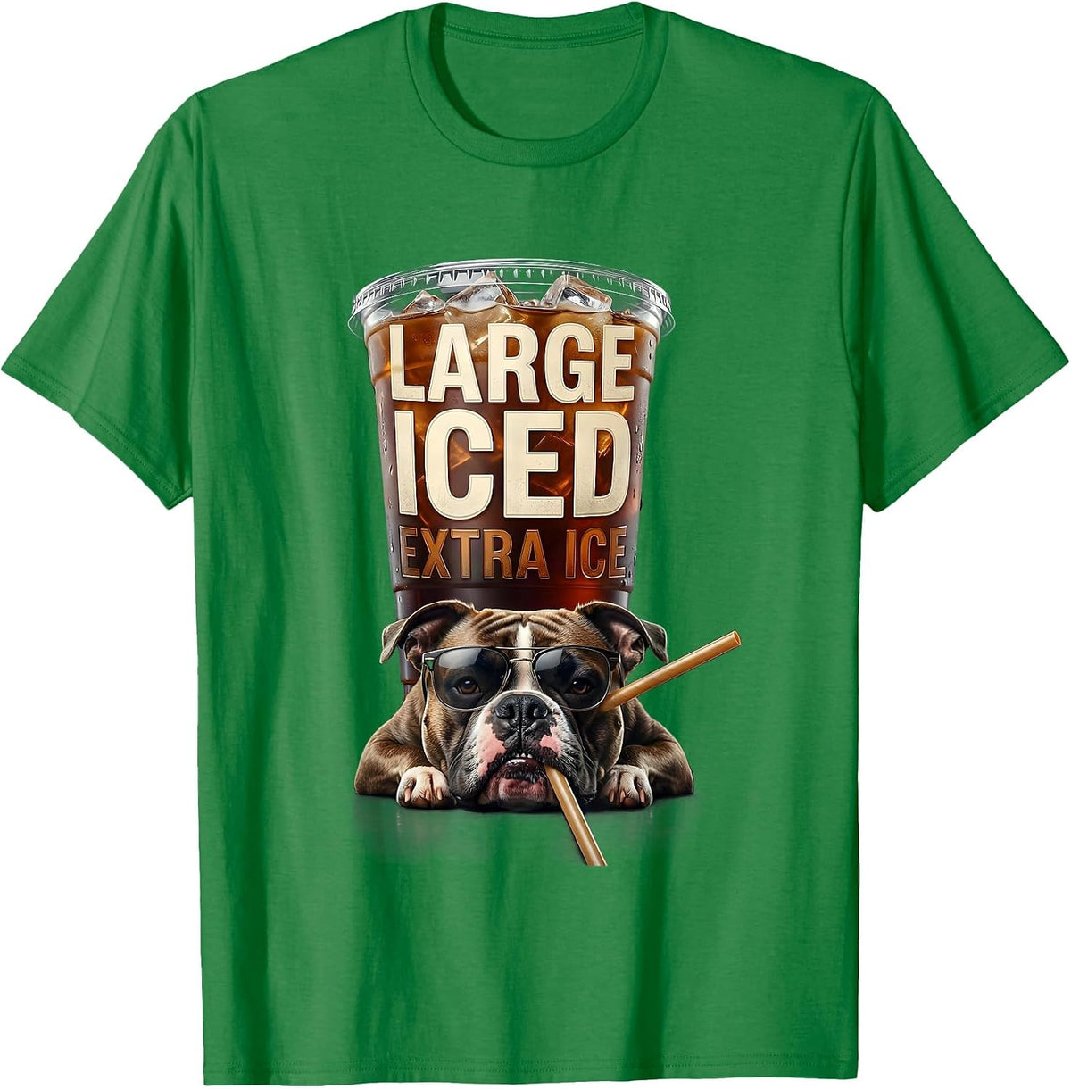 Men's Large Iced Extra Ice Funny Pitbull Drinking Iced Coffee Meme T-Shirt - Kelly Green